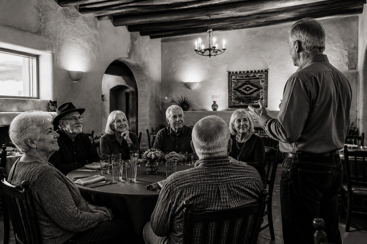 A welcoming in-person Medicare seminar at a New Mexico restaurant with attendees over a meal